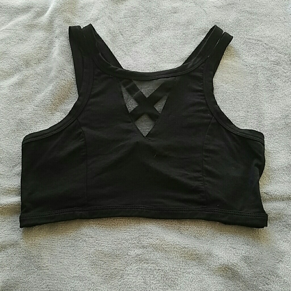AE black strappy crop top with mesh panel